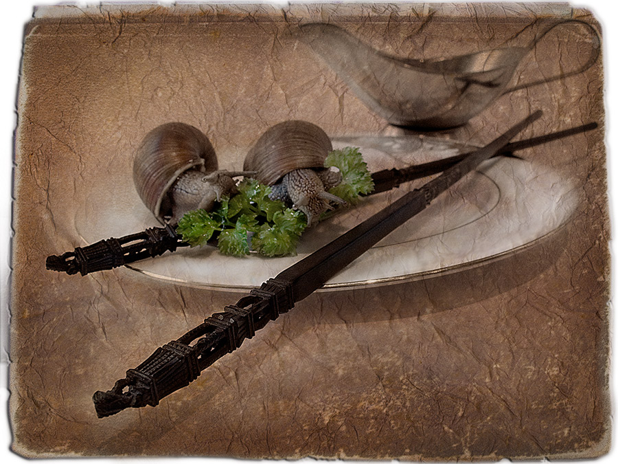 Stillleben mit zwei hungrige Schnecken und zwei chinesischen Essstäbchen.