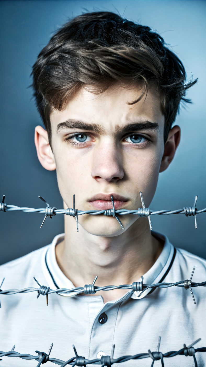Portrait of a Teenager Behind Barbed Wire