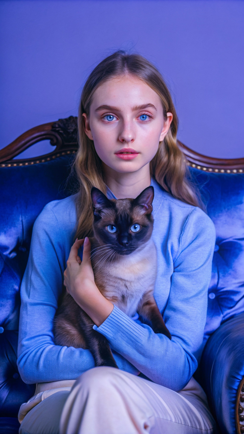 Girl with a Siamese Cat in Blue
