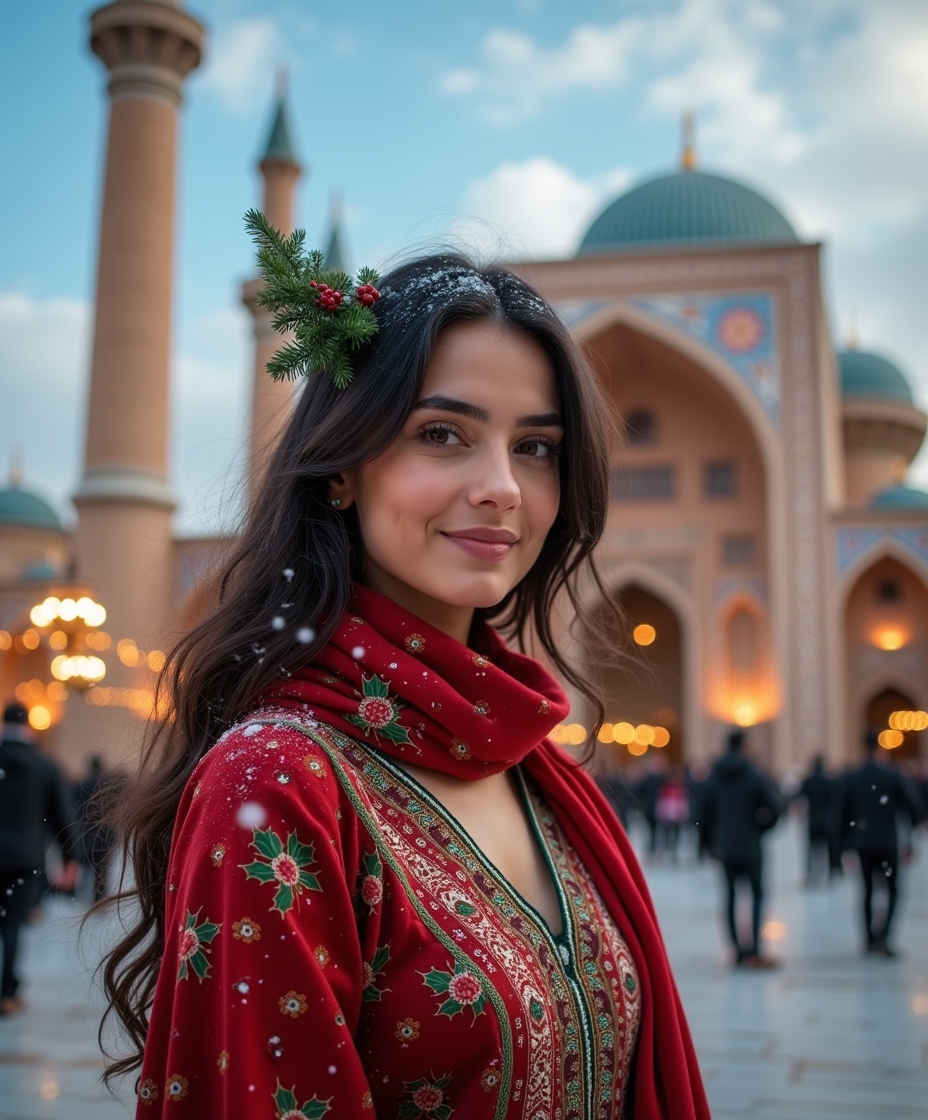 Persian Woman in Traditional Red Dress at Historic Mosque — Winter Portrait with Warm Smile