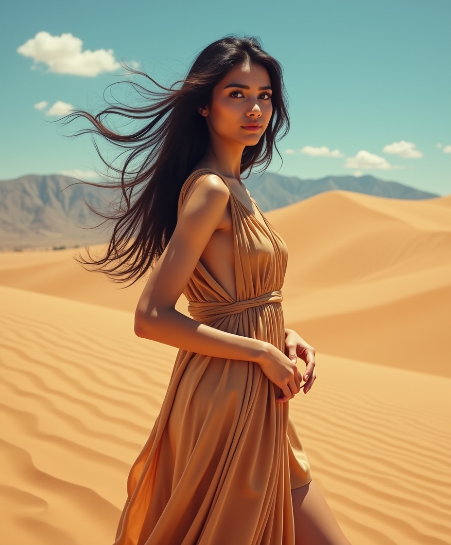 Desert Muse – Elegant Woman in Flowing Sand Dress Amid Golden Dunes