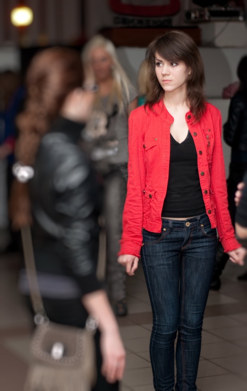 young woman in a red