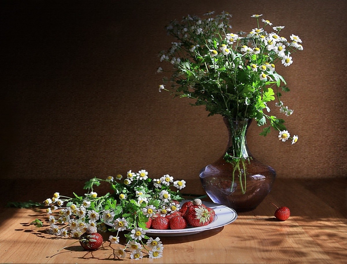 Mit Gänseblümchen und Erdbeeren