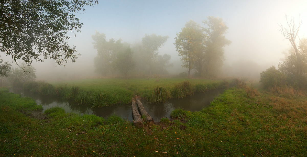 Schritt auf der Brücke im Nebel