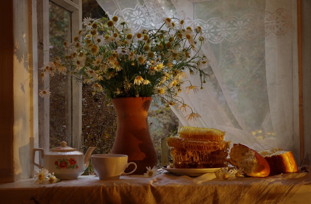 Stillleben mit Gänseblümchen und Honig