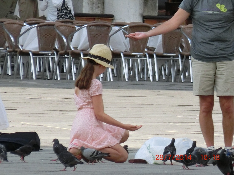 Mädchen füttert Tauben