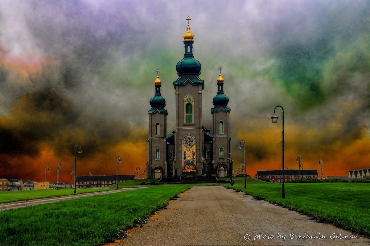 Church against the dark clouds