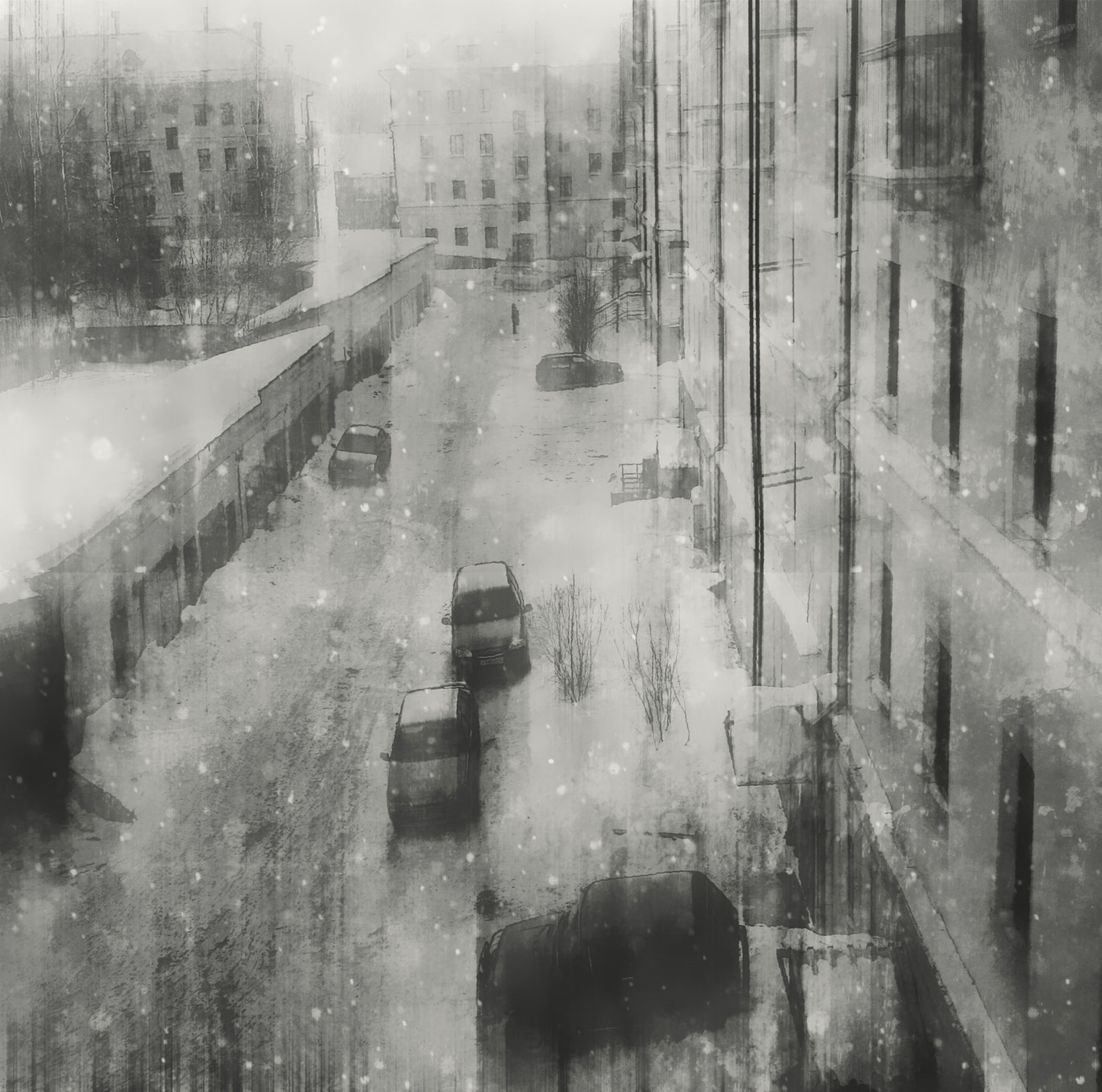 Schwarz und weiß den Marsch der Fenster im dritten Stock