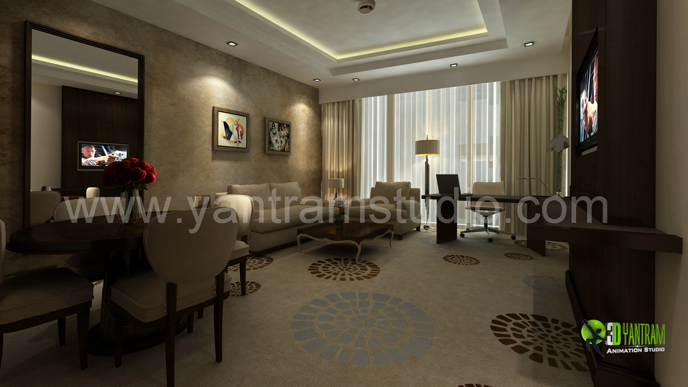 3D-Rendering Interior Design für ein modernes Hotelzimmer