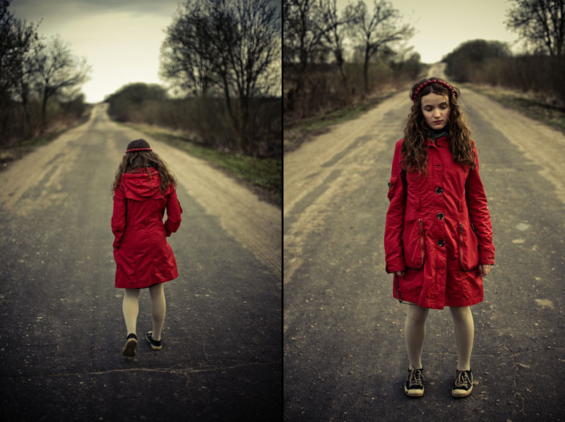red coat on the road