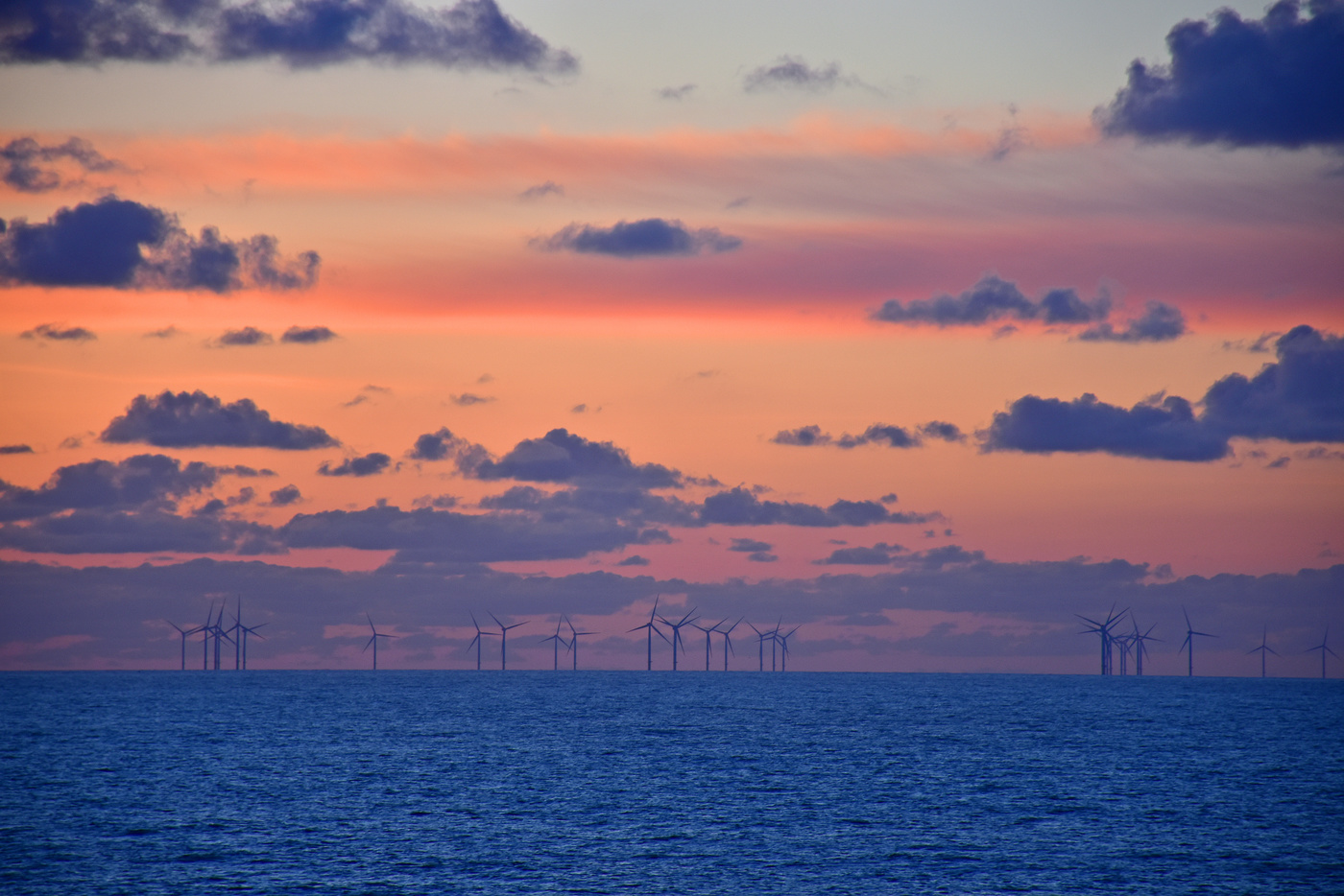 Sunset at the offshore wind farm