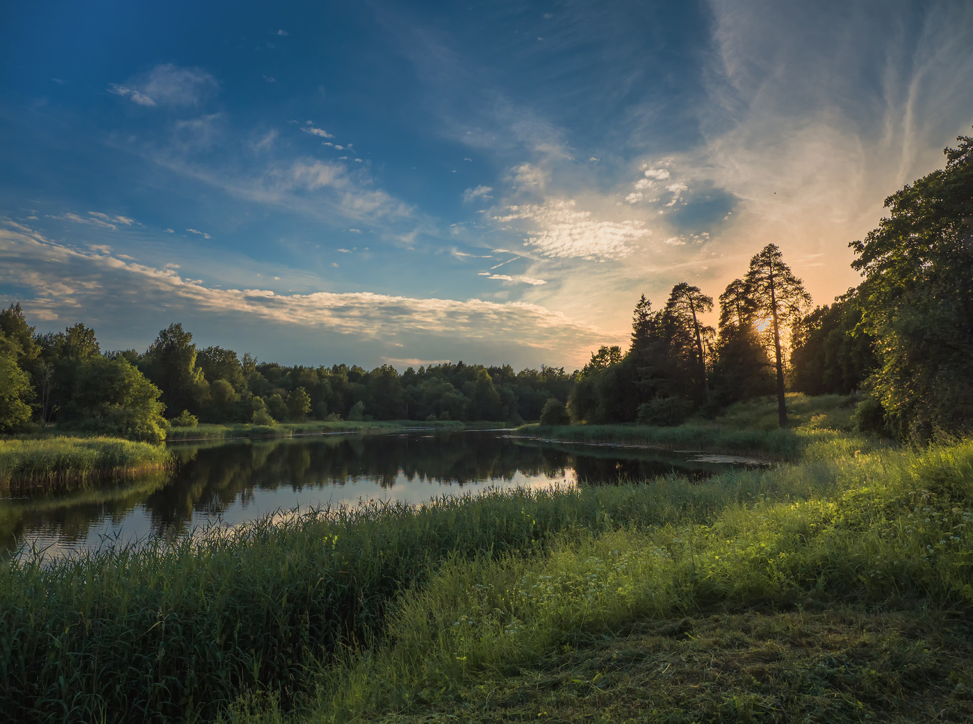 Summer sunset by the lake. Gatchina.
