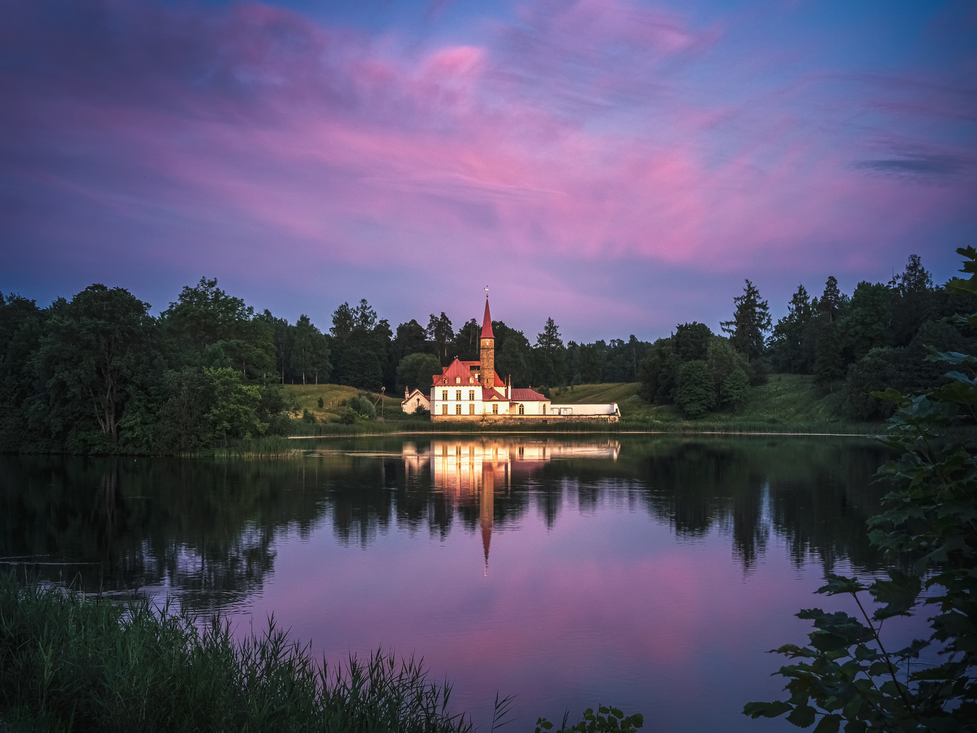 After sunset. Priory Palace in Gatchina. Russia.