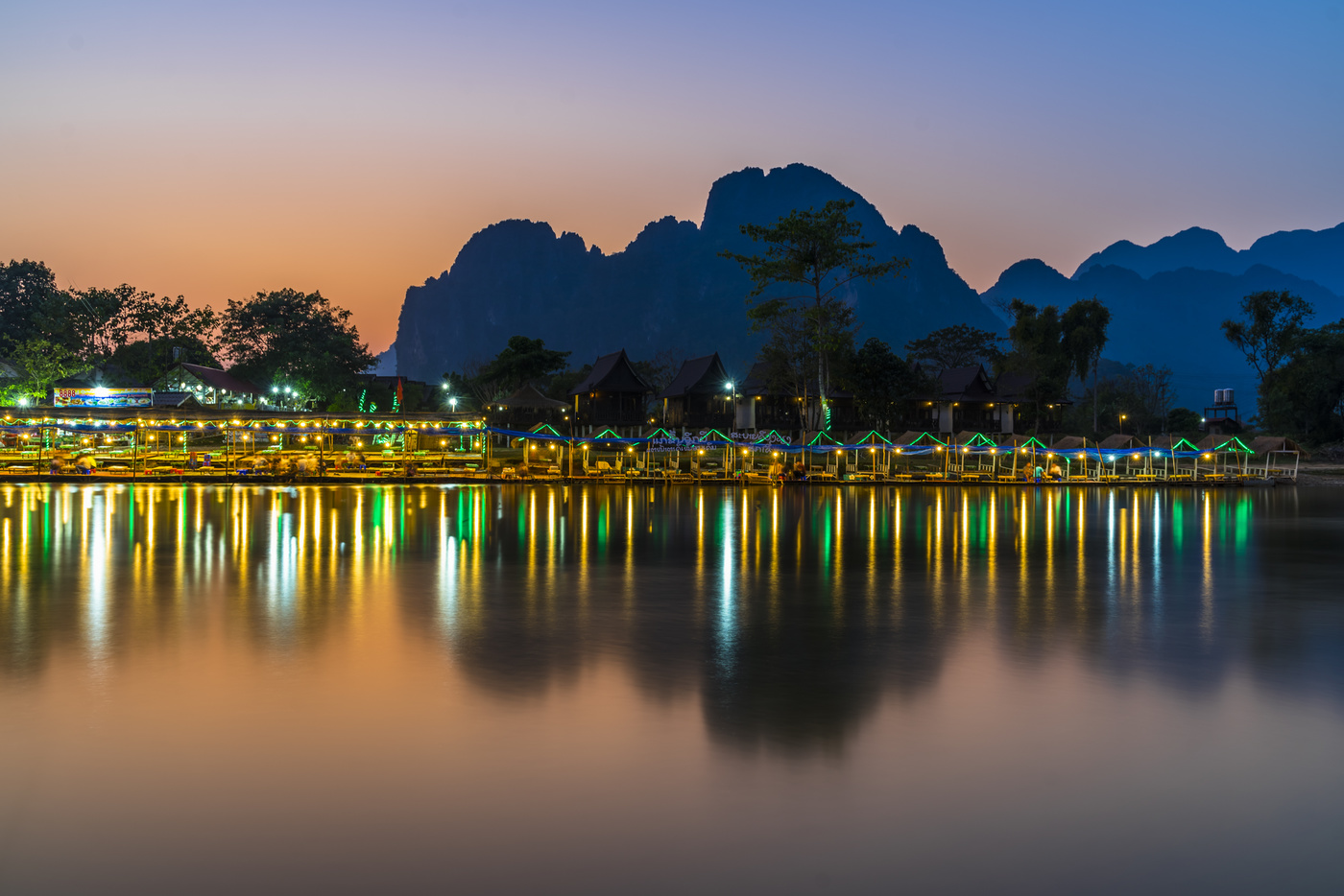Sunset reflection on the river Nam Song, Vang Vieng, Laos