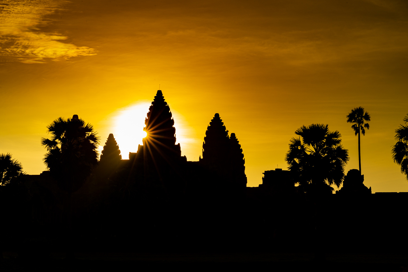 Silhouette of Angkor Wat with sunrise in the morning